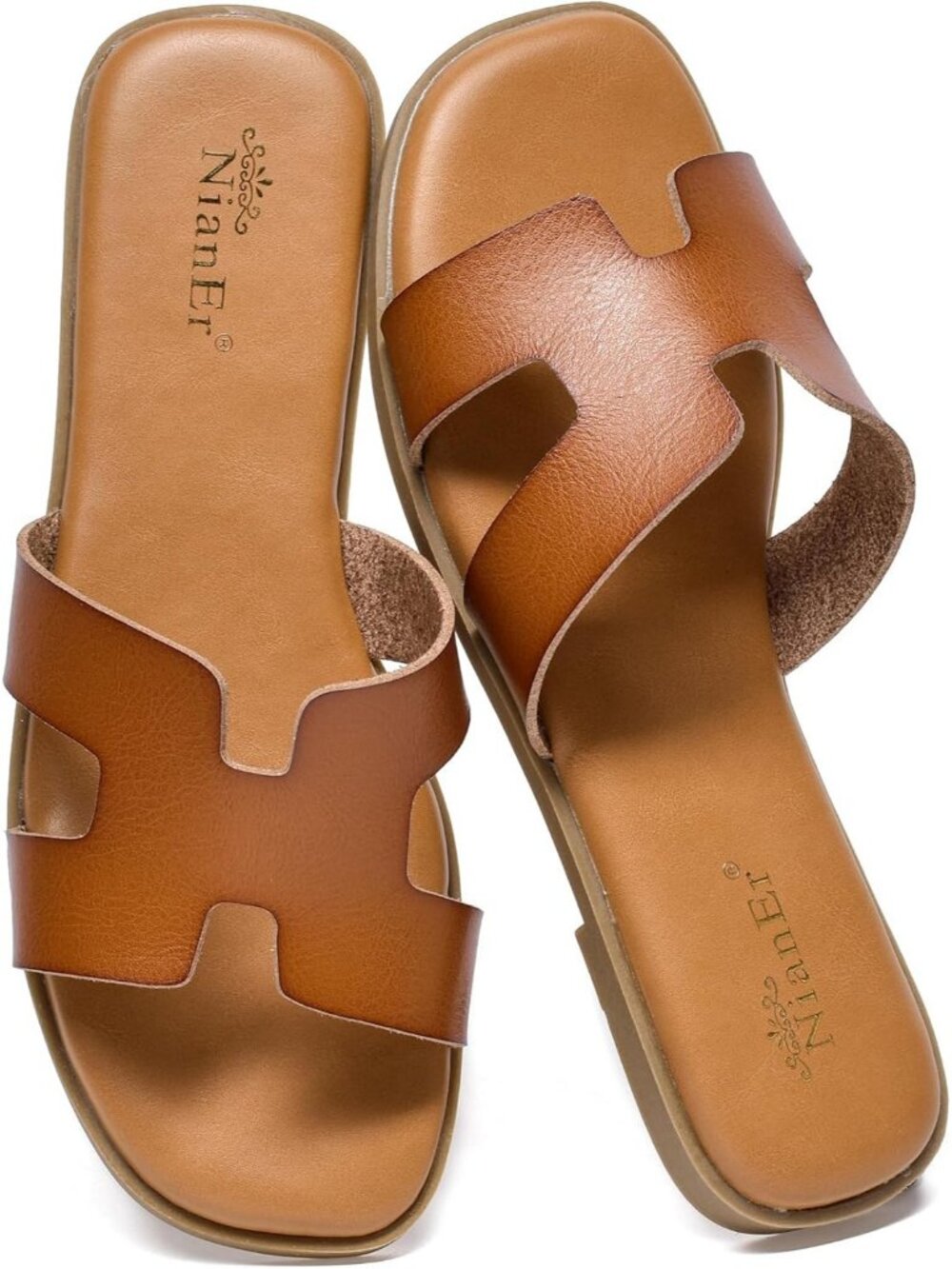 NianEr Women's Brown Leather Comfortable Casual Summer Flats Sandals Shoes